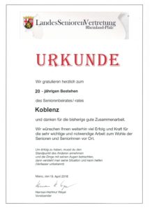 Urkunde 20 Jahre Seniorenbeirat Koblenz, ausgestellt von der LandesSeniorenVertretung Rheinland-Pfalz e.V.